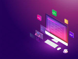 Isometric illustration of desktop with different programing languages software development responsive landing page.