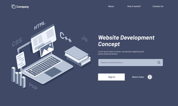 Isometric illustration of laptop with browser window, website under maintenance, responsive web template design for Website Development Concept.