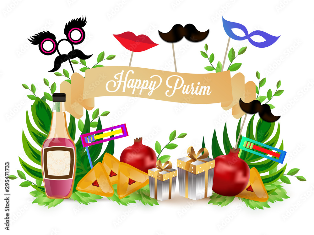 Wall mural Happy Purim celebration, illustration of party props, hamantaschen cookies and fruits on white background can be used as greeting card design.