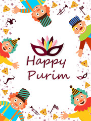 Party template design with funny jesters, props and hamantaschen cookies on white background for Happy Purim celebration.