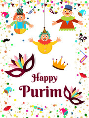 Happy Purim party template or greeting card design with masquerade, props and funny jesters hang on white background.