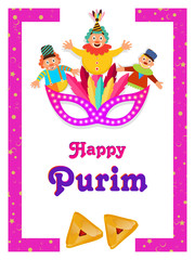 Obraz na płótnie Canvas Purim party template or greeting card design with funny jesters and shiny masquerade illustration on white background.