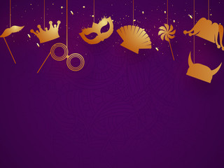 Party props hang on purple background for carnival or festival celebration concept.