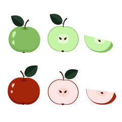 Apples green and red. Whole Apple, half, quarter. Isolated on white background. Vector graphics