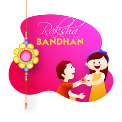 Happy Raksha Bandhan banner or poster design with illustration of brother and sister celebrating Raksha Bandhan Festival.
