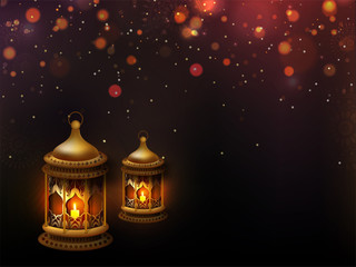 Illuminated lantern on brown shiny background for Ramadan Kareem poster or flyer design. Space for your text.