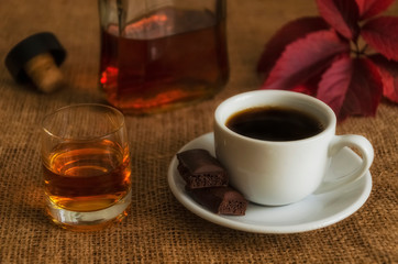 Cup Of Coffee And Cognac on burlap bedding