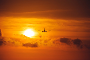 Fototapeta na wymiar Silhouette of a passenger airliner in the sky during sunset. Airplane in the sky.