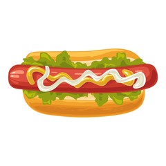 Hotdog with with mustard, onion, leave lettuce. Top view. Vector flat illustration isolated for poster menus brochure web and icon