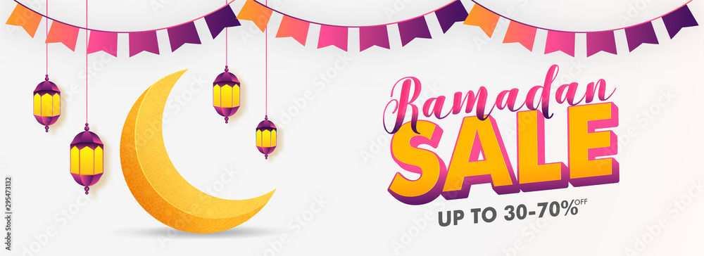 Wall mural Ramadan Kareem Sale with Flat 30-70% off. Creative social media banner design with illustration of hanging lantern, bunting decoration and moon on white background.