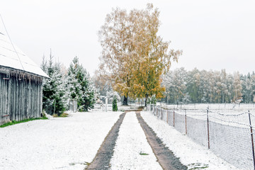 Winter landscape with first snow in the countryside fields with late autumn colors