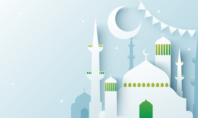 Creative paper cut illustration of mosque and moon, decoration of bunting for Ramadan Kareem poster or banner design.