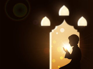Realistic illustration of a Muslim boy in Salah ("Prayer, Namaz") position. creative banner or poster design for Ramadan Kareem Celebration. Space for your text.