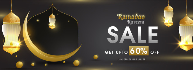 Website header or banner design with golden crescent moon, illuminated lanterns and 60% discount offer for Ramadan Kareem Sale.