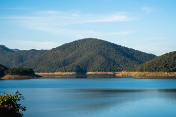Beautiful lake surrounded by mountains on a sunny day.