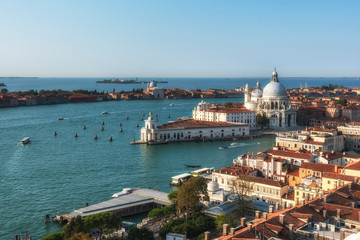 Basilica of Santa Maria della Salute view from bell tower Campanile of St Mark's Basilica in Venice, Italy, located in the Piazza San Marco.