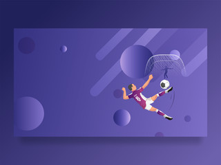 Soccer player in playing action on purple abstract background, poster or banner design.