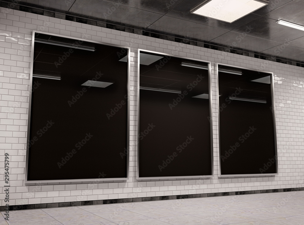 Poster vertical triple underground billboard frame mockup 3d rendering