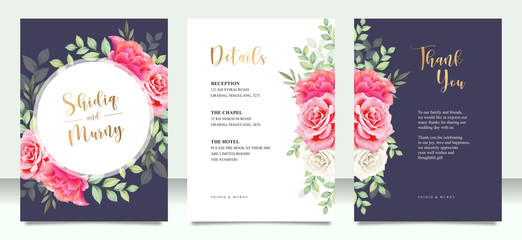 Wedding card set with frame flowers and leaves