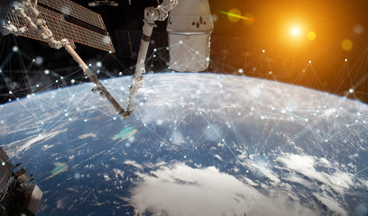 Naklejka na ściany i meble Satellites sending datas exchanges and connections system over the globe 3D rendering elements of this image furnished by NASA