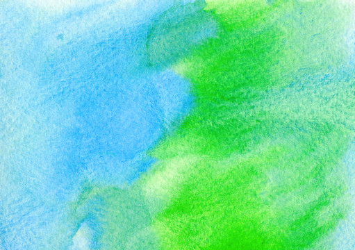 Blue and green watercolors on textured paper background. Grunge pattern. .Raster illustration colorful paint brush with space for text, for media advertising website. Ecology concept design, banner. © Svetlana Moskaleva