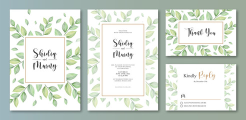 Fototapeta na wymiar Wedding invitation card set with leaves watercolor