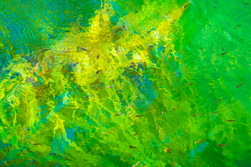 Fototapeta na wymiar Green, blue and yellow reflections in the river. Abstract colorful background