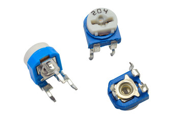 three pins, through hole, small blue adjustable resistors, or trimmers, on a white background