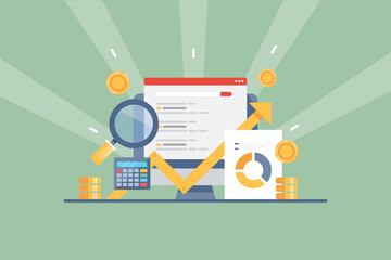 Search engine marketing, digital advertising, roi analysis, business data reporting, seo concept. Flat design vector illustration, web banner presentation with green background.