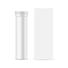Effervescent tablets tube with paper box mockup - front view. Vector illustration