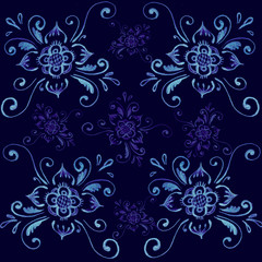 Floral pattern. Hand-drawn blue pattern of flowers. Pattern of branches and flowers. Background of delicate bouquets for design and textile decor. Islamic design. Arabic, turkish design.