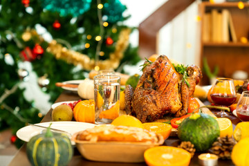 Fototapeta na wymiar Holiday Turkey Dinner Above view of place setting on Thanksgiving day