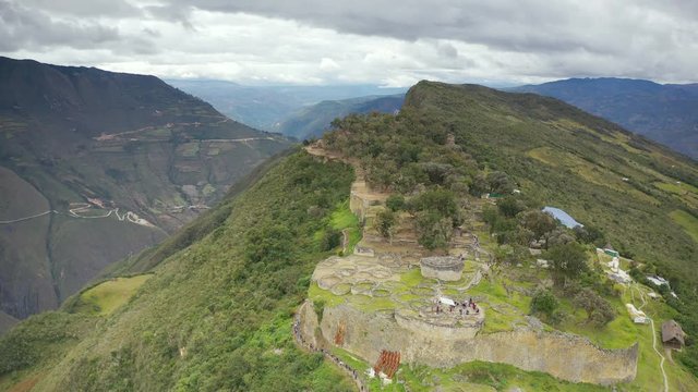 Aerial shot of the round houses at the Kuelap site, Peru