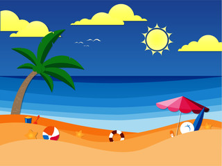 Fototapeta na wymiar blue sky sea beach summer sun relax vector flat design landscape illustration