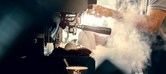 banner size of barista working makeing coffee with coffee machine color tone - obrazy, fototapety, plakaty