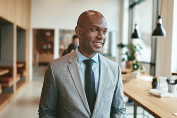 Smiling African American businessman standing in a modern office