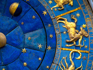 Sagittarius astrological sign on ancient clock. Detail of Zodiac wheel with Sagittarius. Golden...