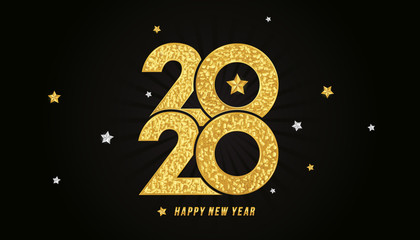 Vector Happy New Year 2020 decorated with golden text and stars isolated on black background.