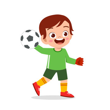 happy kid boy play soccer as goalkeeper