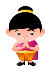 thai bubble head girl is greeting in called sawasdee,in cartoon design and thai dress,vector illustration