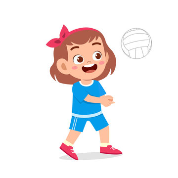 happy cute kid girl play train volleyball