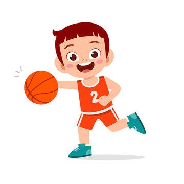 happy cute kid boy play train basketball