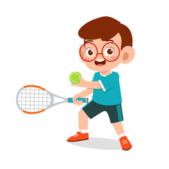 happy cute kid boy play train tennis