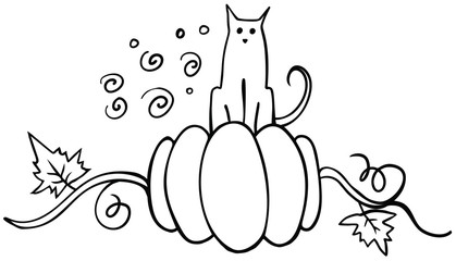 Cat is sitting on the pumpkin isolated on white. Vector illustration. Perfect for coloring book, greeting card, print.