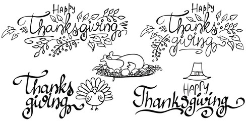 Set of Thanksgiving lettering isolated on white. Happy Thanksgiving. Vector illustration. Perfect for postcard, greeting card, print.