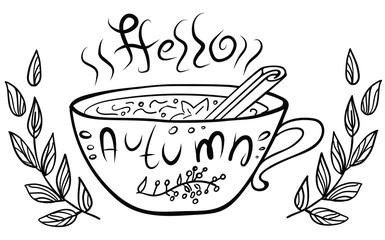 Lettering Hello Autumn in a cup of hot drink on white. Vector illustration. Perfect for postcard, greeting card, print.