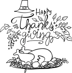Lettering Happy Thanksgiving and festive turkey on white background. Vector illustration. Perfect for postcard, greeting card, print.