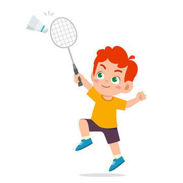 happy cute kid boy play train badminton
