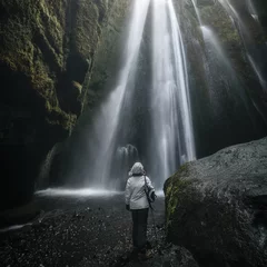 Sheer curtains Grey 2 Woman looking at the Gljufrabui Waterdfall inside a cave in Iceland