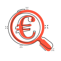 Magnify glass with euro sign icon in comic style. Loupe, money vector cartoon illustration pictogram. Search bill business concept splash effect.